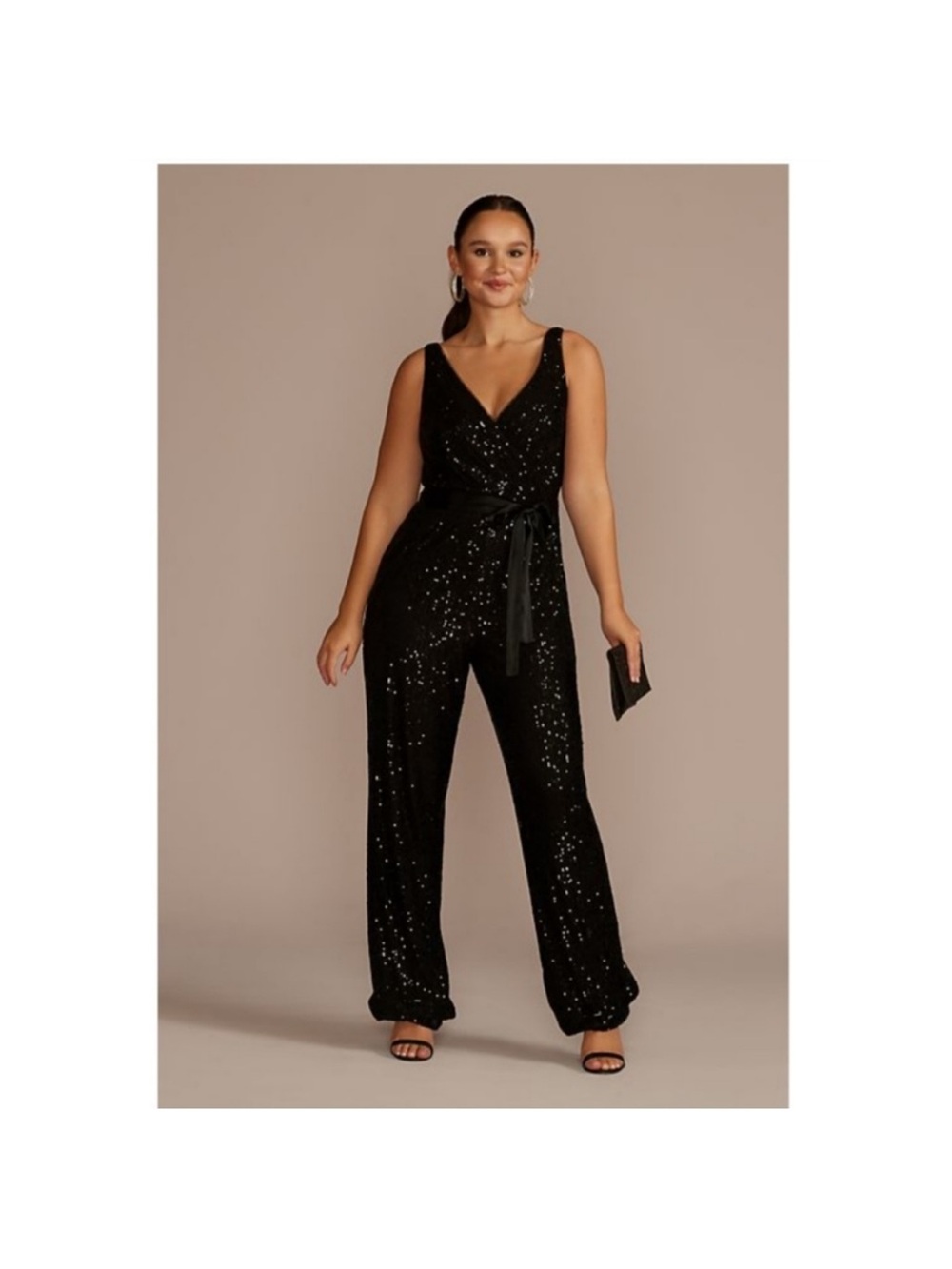 Eliza J Black Sequin V-Neck Sleeveless Jumpsuit with Sash